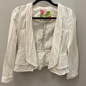Free People Blazer Lace Shawl Collar Linen Cotton Blend White Size 0 Ruffled